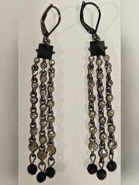 VINTAGE BLACK SILVER MESH LINK RHINESTONES WATERFALL GOTHIC FORMAL EARRINGS